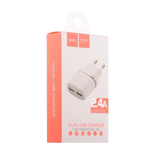 Сетевое зарядное устройство Hoco Dual USB Charger 2.4A White для iPhone/iPad