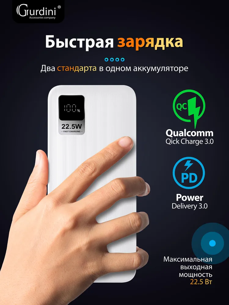 Аккумулятор внешний универсальный Gurdini Speed Series (20000 mAh) White