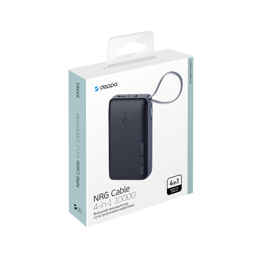 Внешний аккумулятор Deppa NRG Cable 4 в 1, 10000 mAh - 2.1A, дата-кабели Type-C, Lightning, Micro-USB (33561) Black