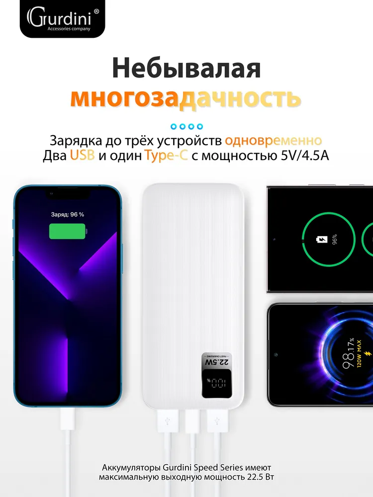 Аккумулятор внешний универсальный Gurdini Speed Series (10000 mAh) White