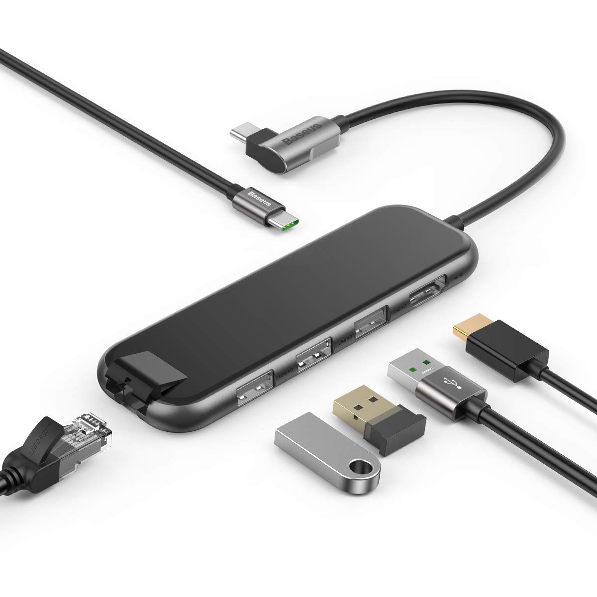 USB-концентратор Baseus Multi-functional HUB Type-C to USB3.0x3/ HDMI/ Type-C/ RJ45 (CAHUB-DZ0G) для Macbook