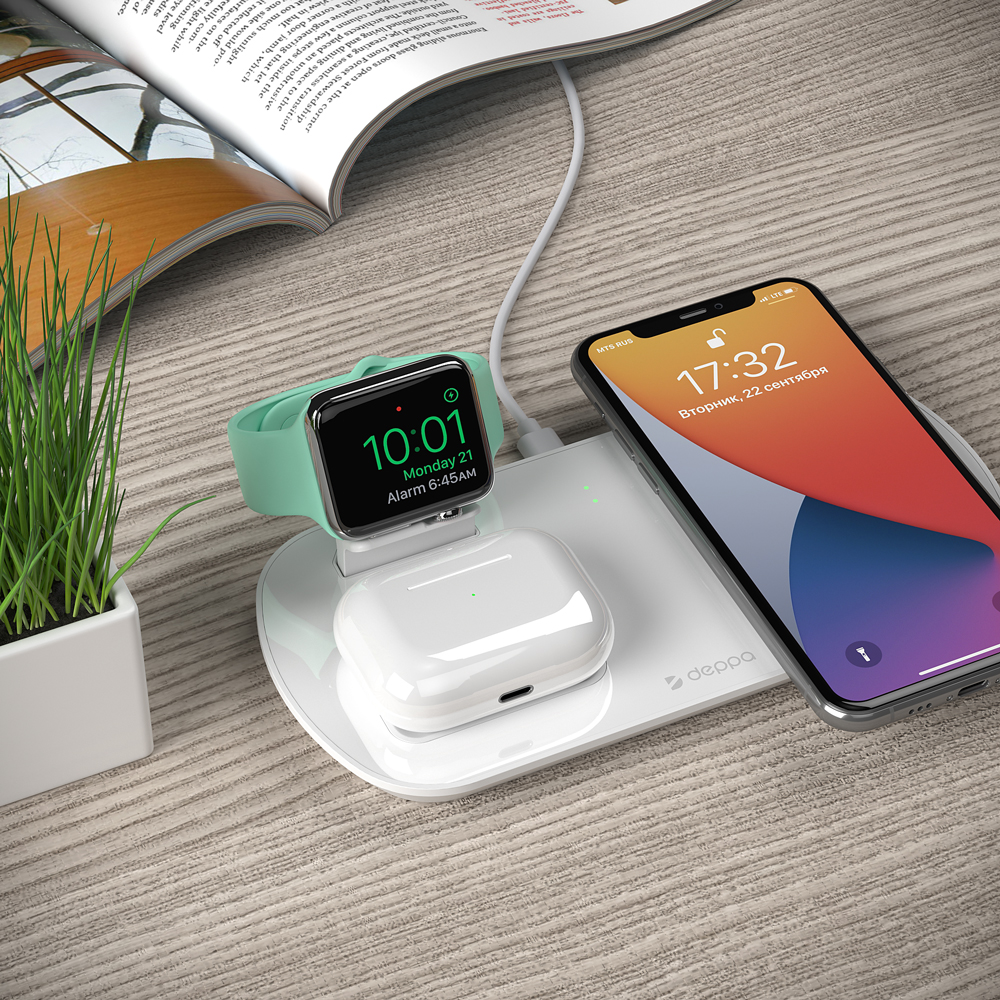 Беспроводное зарядное устройство Deppa 3 в 1 (D-24010) для Apple iPhone/Watch/Airpods /17.5W/ White