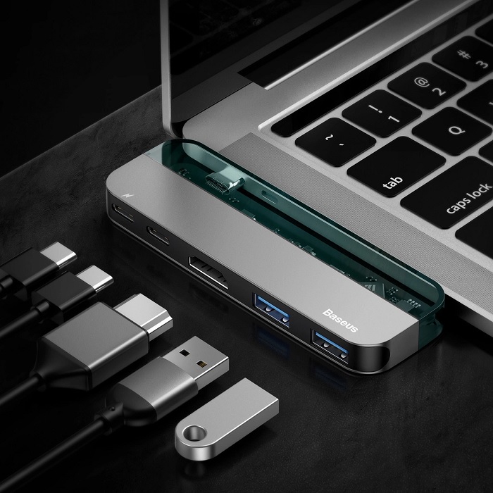 USB-концентратор Baseus Type-C Multi-functional HUB Adapter Transparent Series Type-C to USB3.0x2/HDMI/ Type-Cx2 (CAHUB-TD0G) для Macbook